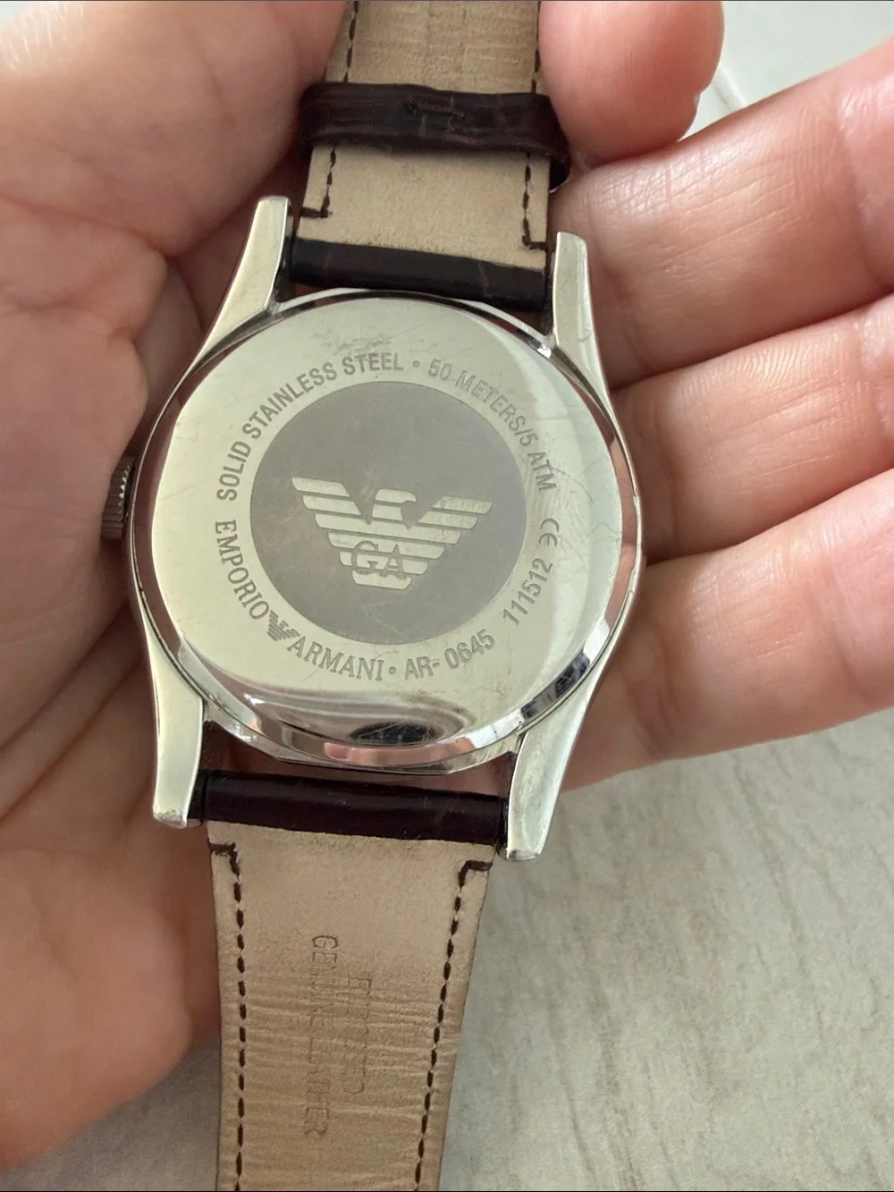 Emporio Armani Men's Watch with Rose Gold Dial and Dark Brown Strap